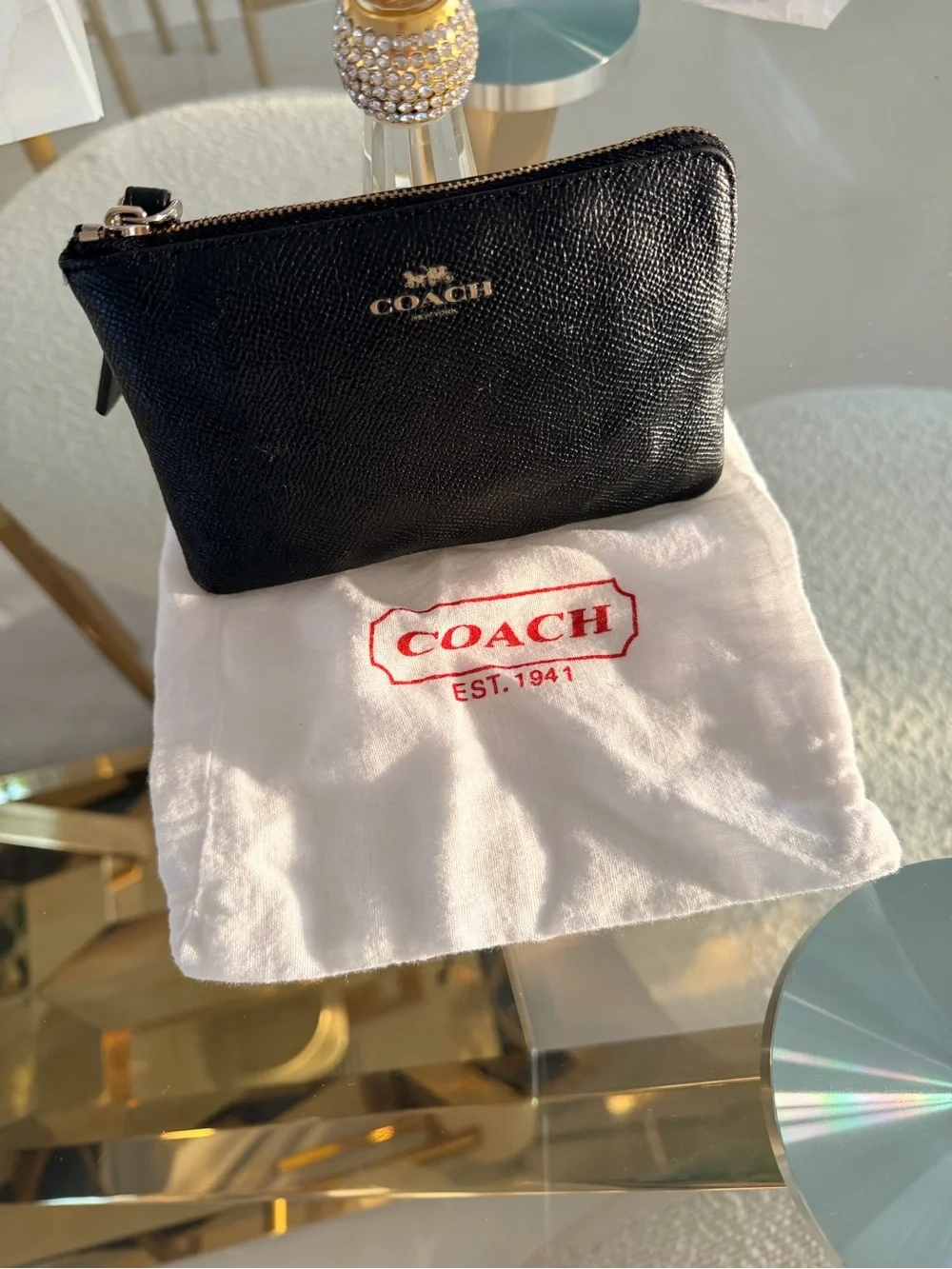 Coach Black Leather Wristlet with Gold Logo